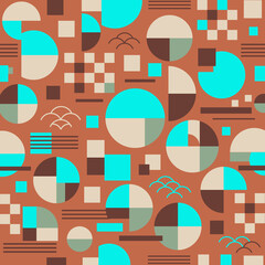 くすみカラーの和モダン幾何学シームレスパターン背景（テラコッタ）：テラコッタを基調に、ターコイズ・ベージュ・ブラウンを組み合わせた和モダン幾何学のシームレスパターン。北欧インテリアやアースカラー雑貨、秋の食品パッケージやお菓子包装、ポスター、ノート表紙、デザインペーパーなど、通年で幅広く使える落ち着いた背景素材。