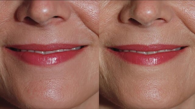 Young woman aging to senior in timelapse concept. Close up before and after comparison of mature woman smiling with red lipstick showing skin texture and lips