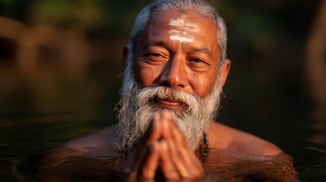 Old hindu man monk praying in sunrise river light, religious tradition, spirituality, peace and devotion in sacred water bath concept.
