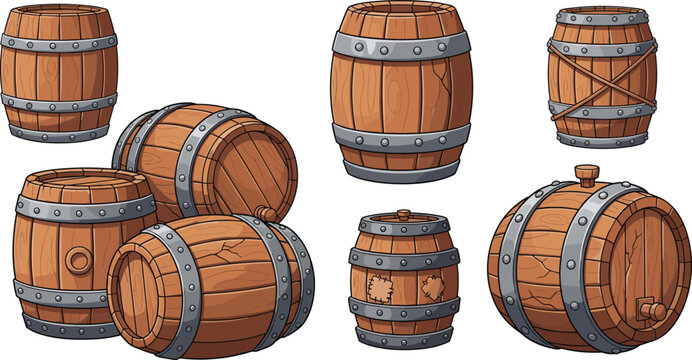 Wooden Barrel Collection with Metal Hoops for Wine Brewery Whiskey Storage Rustic Cask Containers for Beverage Production and Vintage Packaging Design.