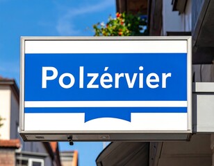 Obraz premium Rectangular blue-on-white shop sign against a bright sky