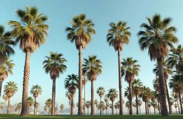 Fototapeta premium Tall palm trees line a grassy area with a distant city skyline and ocean under a clear sky. This tropical scene suggests a vacation destination with lush green plants and waterfront views.