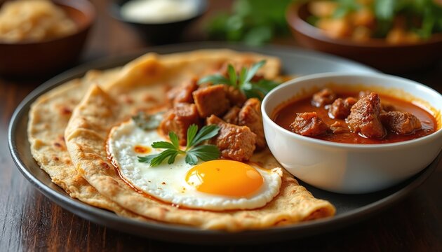 Indian flatbread is served with meat curry and fried egg. Savory meal with gravy and herbs on dark wood table. Delicious cuisine, spicy flavor.