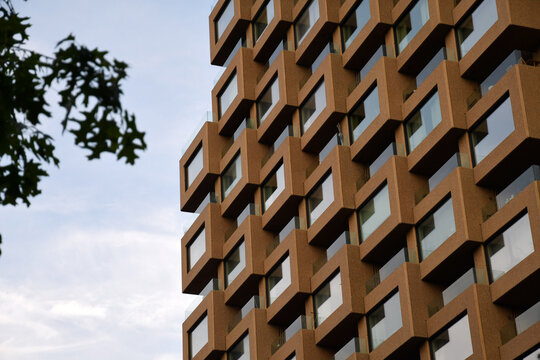 Stockholm, Sweden - June 15, 2025: Close up view of Norra Tornen contemporary residential towers with textured geometric architecture in Stockholm, Sweden