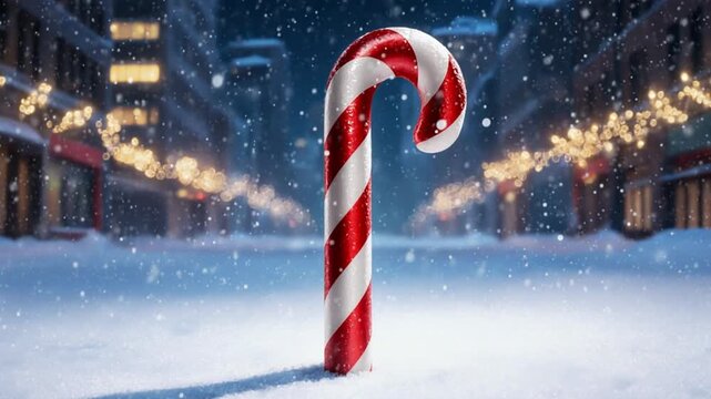Candy cane in snowy city square.