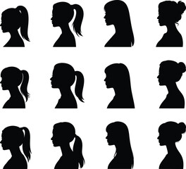 Female profile silhouette set with diverse hairstyles ponytail bun long hair minimalist black vector collection isolated on white background design icon pack