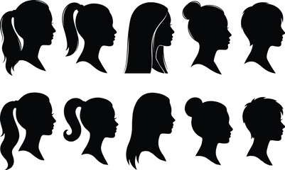 Female profile silhouettes set with different hairstyles side view isolated on white background beauty fashion hairstyle design concept illustration collection © MdMeser