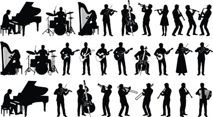 Musician silhouettes collection with piano drums harp guitar violin trumpet saxophone isolated on white background orchestra band concert performance music illustration set © MdMeser