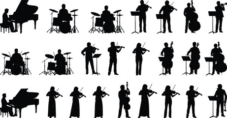 Musician silhouettes set featuring orchestra instruments piano drums violin cello trumpet isolated on white background classical music performance concert illustration collection ensemble vector © MdMeser