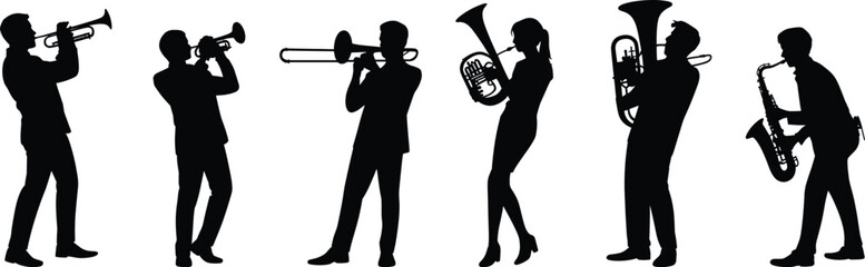 Musician silhouettes playing brass and wind instruments trumpet trombone tuba saxophone black vector band collection isolated on white background for music design use © MdMeser