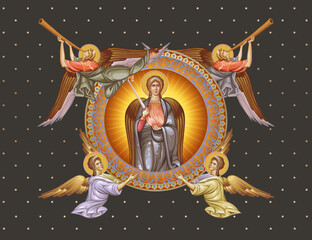 Naklejka premium Archangel Uriel. Decorative vintage illustration with angels in Byzantine style