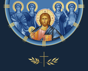 Naklejka premium Jesus Christ and four cardinal points (Archangel Gabriel, Uriel, Raphael and Michael). Illustration in Byzantine style isolated