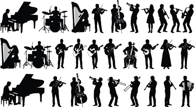 Musician silhouettes collection with piano drums harp guitar violin trumpet saxophone isolated on white background orchestra band concert performance music illustration set