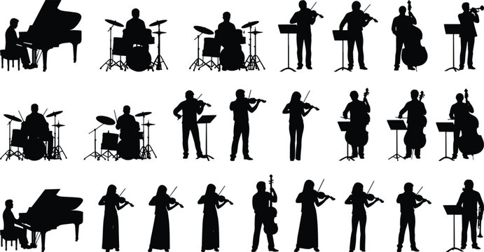 Musician silhouettes set featuring orchestra instruments piano drums violin cello trumpet isolated on white background classical music performance concert illustration collection ensemble vector