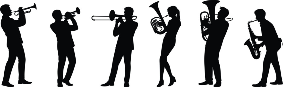 Musician silhouettes playing brass and wind instruments trumpet trombone tuba saxophone black vector band collection isolated on white background for music design use