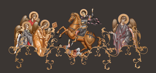 Naklejka premium Saint Demetrius of Thessaloniki. Decorative vintage border with angels, illustration in Byzantine style
