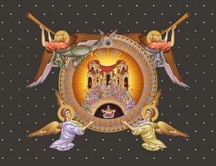 Naklejka premium Pintecost. White Sunday. Decorative vintage illustration with angels in Byzantine style