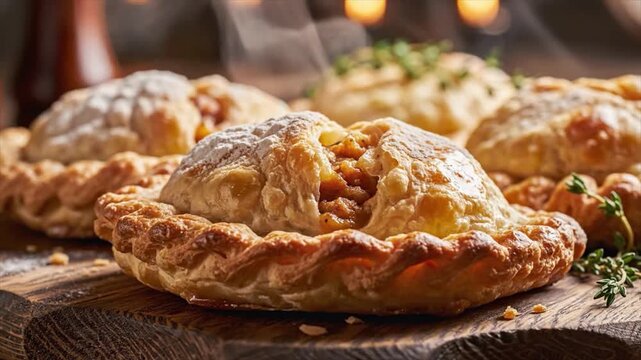 Freshly baked savory pies with golden crusts and herbs on a rustic wooden table, close-up view