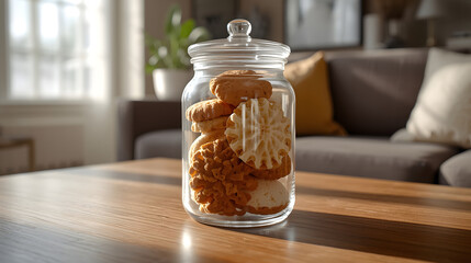 A clear glass cookie jar filled with assorted biscuits sits on a wooden coffee table in a sunlit living room.