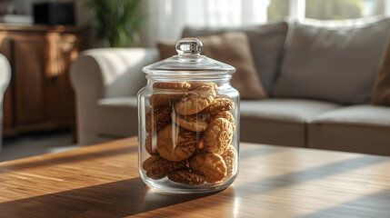 A clear glass cookie jar filled with delicious cookies sits on a wooden coffee table in a sunlit living room.