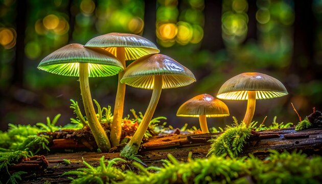 Glowing Panellus Stipticus Mushrooms on Dead Wood in North American Forest Night