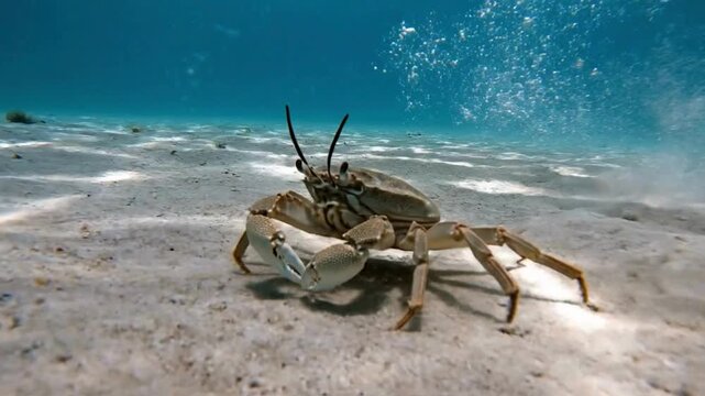 Close-up video footage shows a sand crab actively moving across the ocean floor, its legs subtly shifting, exploring the underwater sandy seabed habitat with implied motion.