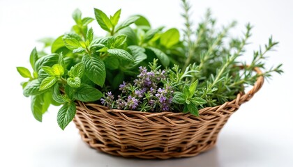 Naklejka premium Fresh herbs mint oregano thyme in woven basket. Aromatic plants for cooking and gardening. Natural ingredients for healthy food on white background.