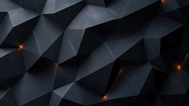 dark faceted geometric surface of sharp triangular planes with subtle metallic highlights and small orange glowing crevices, sleek futuristic and mysterious atmosphere
