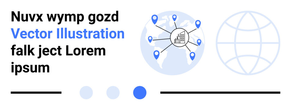 Blue globe with pin markers linked to a central graph, abstract wireframe globe. Ideal for global communication, connection, data analysis, business, technology, innovation, simple landing page