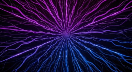 Electric neural network purple blue glowing fibers illustration for business presentation