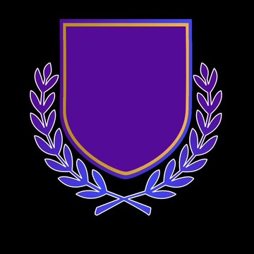 Purple shield logo badge animation with laurel wreath and moving dashed border on black background۔