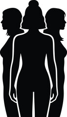 Minimalist Silhouette of Three Diverse Women Standing Together, International Women's Day and Female Empowerment Concept Vector Isolated on Transparent Background
