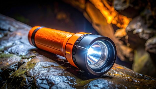 FlyPro Firefly Orange Waterproof Flashlight with Rubberized Grip and Secure O-Ring Seal on Dark Damp Rock Surface