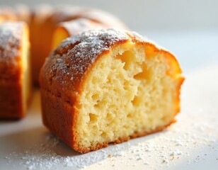 Golden baked cake slice dusted with powdered sugar. Soft fluffy crumb texture. Light sweet dessert preparation. Perfect for tea time or breakfast treat. Delicious homemade pastry.