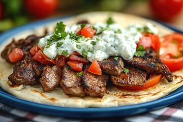 grilled seasoned meat on warm flatbread with diced and sliced tomatoes, creamy herb yogurt sauce and fresh parsley, mouthwatering and savory
