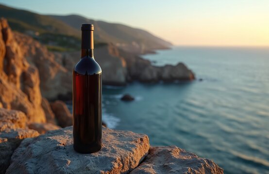 A solitary bottle of red wine sits on a rocky cliff overlooking a calm sea at sunset. The ocean stretches to the horizon, reflecting the warm, golden light of the setting sun.