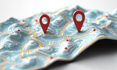 two red location pins on a blue three-dimensional topographic map with contour lines, winding orange roads and small red markers evoking exploration and discovery © zhuan