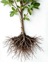 Small tree with green leaves and extensive root system above ground. Brown branches spread out, revealing soil clinging to intricate roots. Isolated on a clean white background.