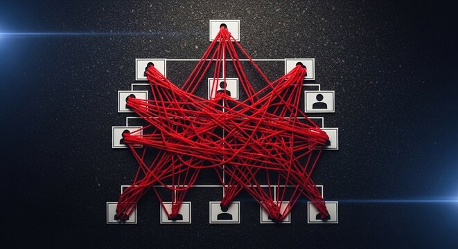 Organizational chart tangled with red string, concept of complex structure and connection