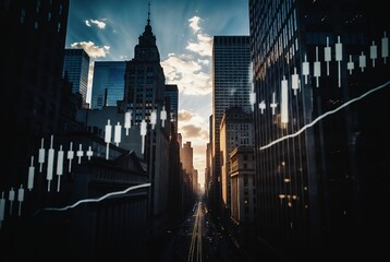 Obraz premium City lights streak down a narrow street, illuminating towering skyscrapers against a dramatic sky.
