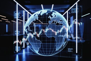 Fototapeta premium A glowing globe displays fluctuating stock charts within a futuristic, digital setting.
