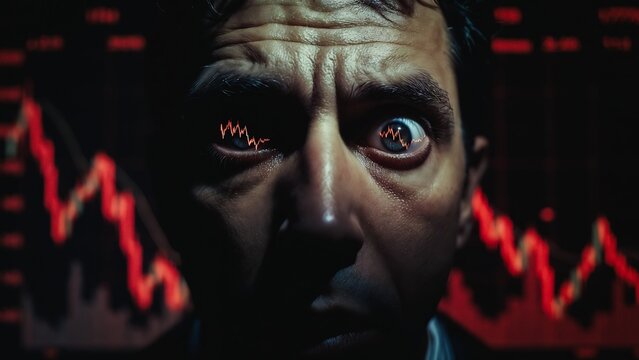 A man stares intensely, eyes glowing red, amidst a chaotic, falling stock market graph. He appears stressed and anxious.