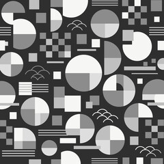 くすみカラーの和モダン幾何学シームレスパターン背景（モノトーン）：円・半円・格子・ラインを組み合わせた和モダンテイストの幾何学シームレスパターン。落ち着いたモノトーン配色で北欧インテリアやポスター、ノート表紙、デザインペーパーなど幅広く活用可能。男女問わず使いやすい、シンプルで洗練された抽象背景素材。