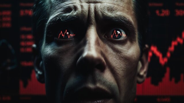 A man stares intensely, eyes glowing red, amidst a plunging stock market graph. He appears stressed and anxious.