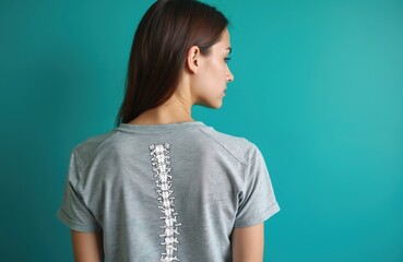 Obraz premium Woman in grey shirt shows graphic of spine. Back view on teal background. Medical education or fashion concept. Teenager body art design. Studio shot.