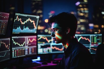Fototapeta premium A young man intently monitors multiple stock charts in a dark office, illuminated by glowing screens.