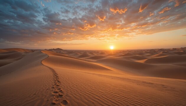 A serene desert scene including undulating sand dunes against a striking sunset sky