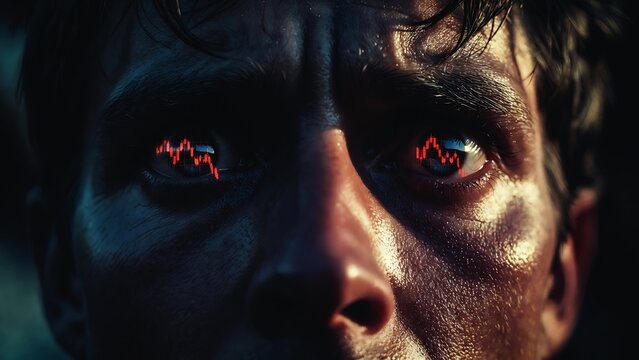 A man&rsquo;s face glows with intense, red-outlined eyes. Sweat streaks his skin, conveying distress and a palpable, unsettling energy.