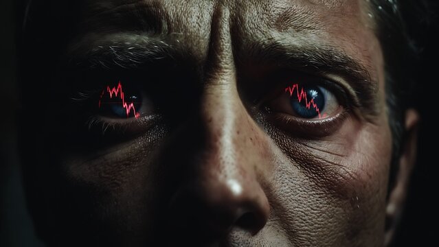 A man stares intensely, red eyes glowing within his shadowed face. He exudes menace and power.