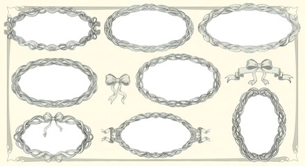 Obraz premium A collection of vintage oval frames and bows on a cream background